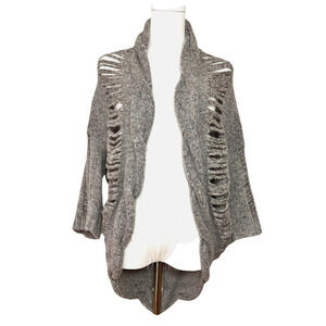 Pauln KC Gray Distressed Open Front Shawl Cardigan 3/4 Sleeve Medium Boho